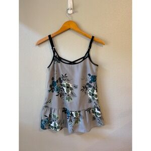 Full Tilt Floral Peplum‎ Cami Top Women Small Grey Strappy Caged Back Sleeveless